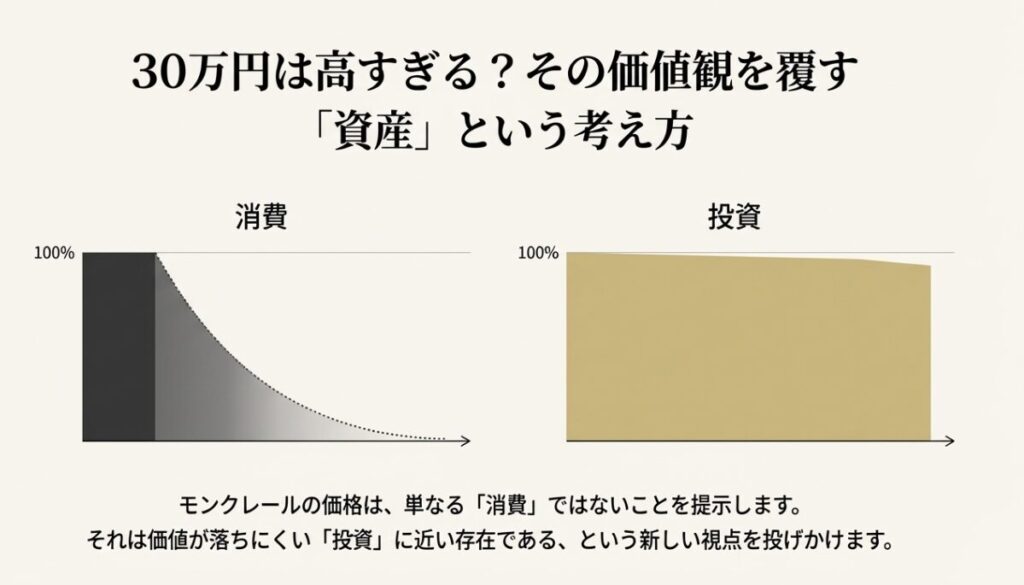 価値がゼロになる「消費」と価値が残る「投資」のグラフ比較。モンクレールは資産価値が落ちにくいことを示す図