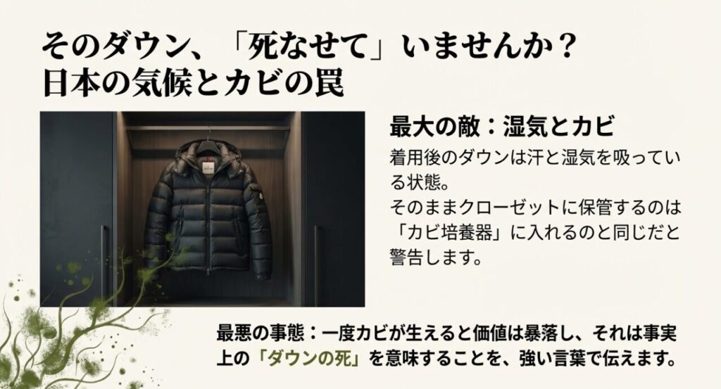 着用後のダウンをそのまま保管することはカビ培養器に入れるのと同じであり、カビが生えると価値が暴落するという警告