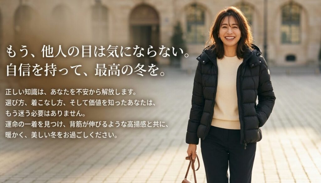 もう他人の目は気にならないというメッセージ。正しい知識を持って運命の一着を選ぶことで得られる自信と高揚感について