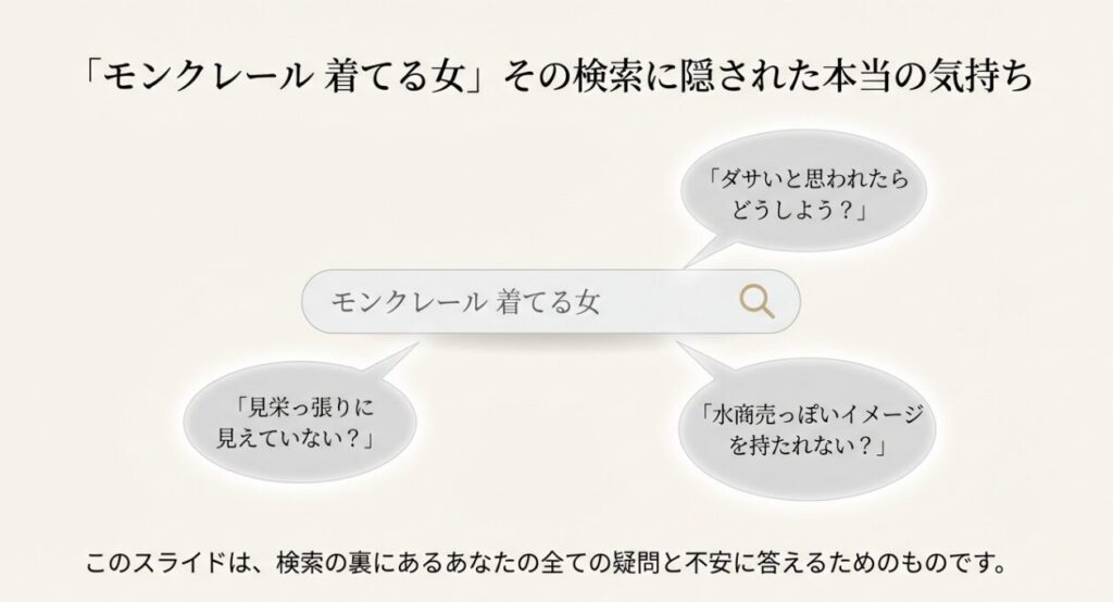 「モンクレール 着てる女」と検索する人の深層心理。見栄っ張りに見えないか、水商売っぽくないかという不安と疑問のリスト