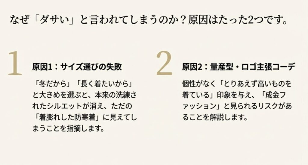 モンクレールがダサく見える原因は「サイズ選びの失敗による着膨れ」と「量産型・ロゴ主張コーデ」にあるという解説