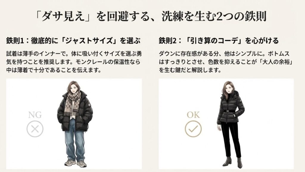 洗練されたモンクレールの着こなしイラスト。ジャストサイズを選び、引き算のコーデを心がけることでNG例からOK例へ変化する様子。