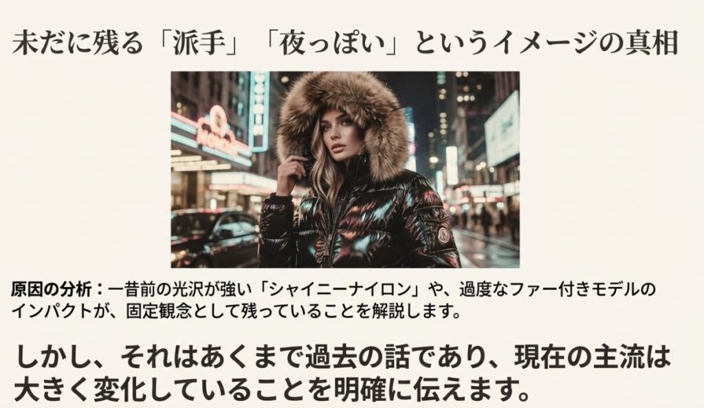 一昔前の光沢が強いシャイニーナイロンや過度なファー付きモデルが、「派手」「夜っぽい」というイメージの原因であることの解説。