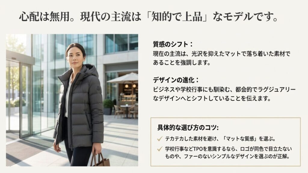 現在のモンクレール着用の女性イメージ。光沢を抑えたマットな素材と、ビジネスや学校行事に馴染むデザインが主流であることを紹介。