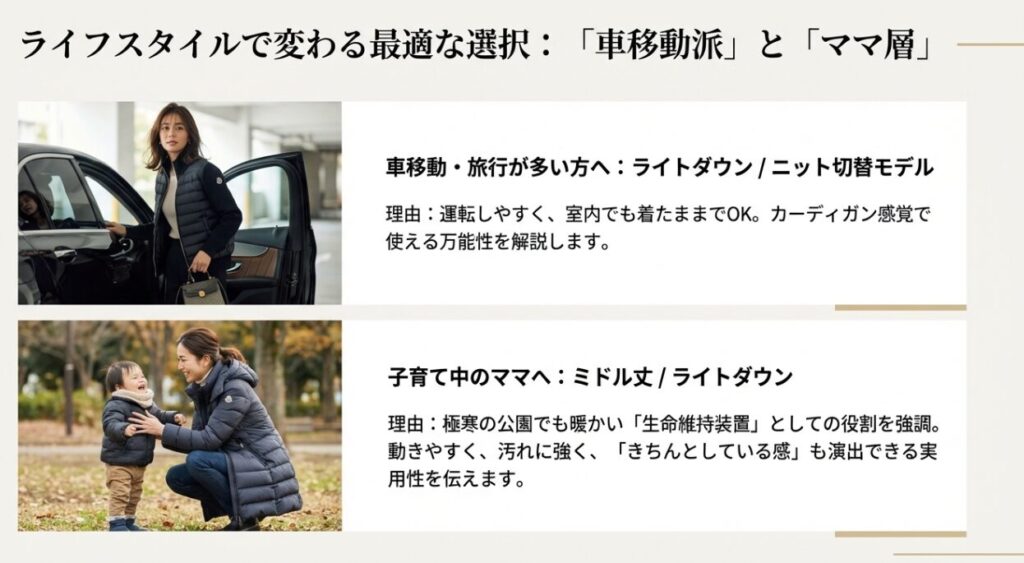 車移動が多い人にはライトダウン、子育て中のママにはミドル丈がおすすめである理由と着用シーンの写真。