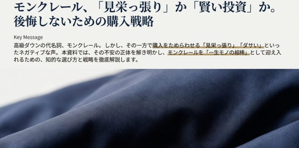 モンクレールのロゴと「見栄っ張りか、賢い投資か」というタイトルが書かれたスライド表紙。背景には雪山のイメージ。