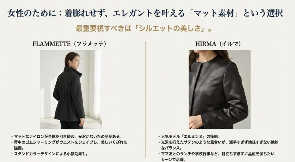 ウエストがシェイプされた美しいシルエットのレディースダウンの背面写真と、マットな素材感のアップ写真。