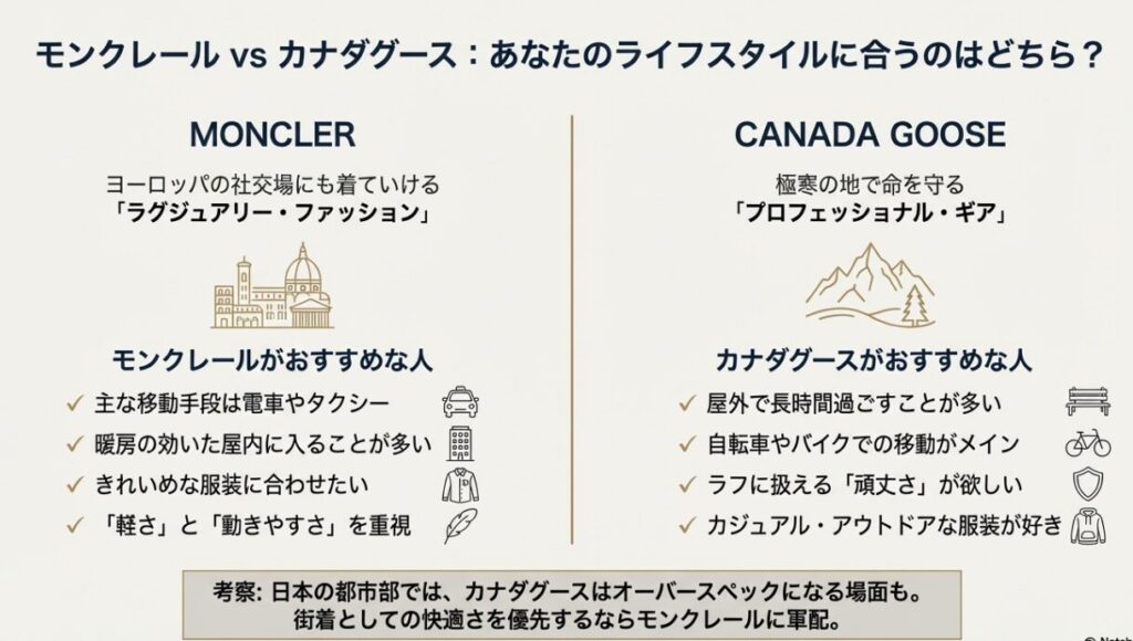 モンクレール（ラグジュアリー）とカナダグース（プロ用ギア）の特徴、およびおすすめな人のライフスタイル（移動手段など）を比較したチェックリスト。