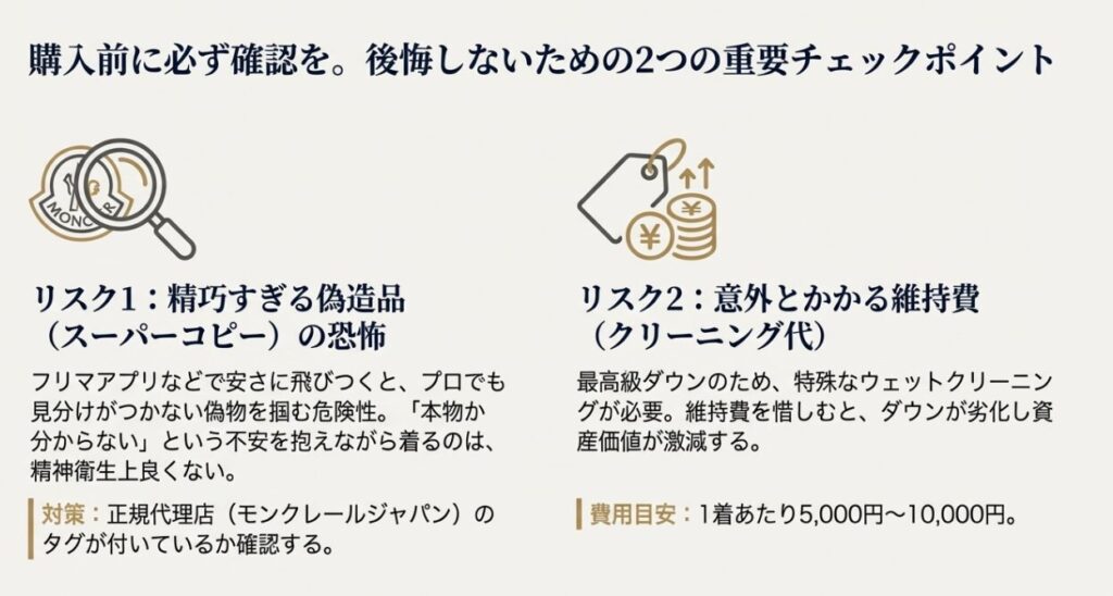 精巧なスーパーコピー品への注意喚起と、高級ダウン特有のクリーニング代（維持費）について説明したスライド。虫眼鏡とタグのイラスト。
