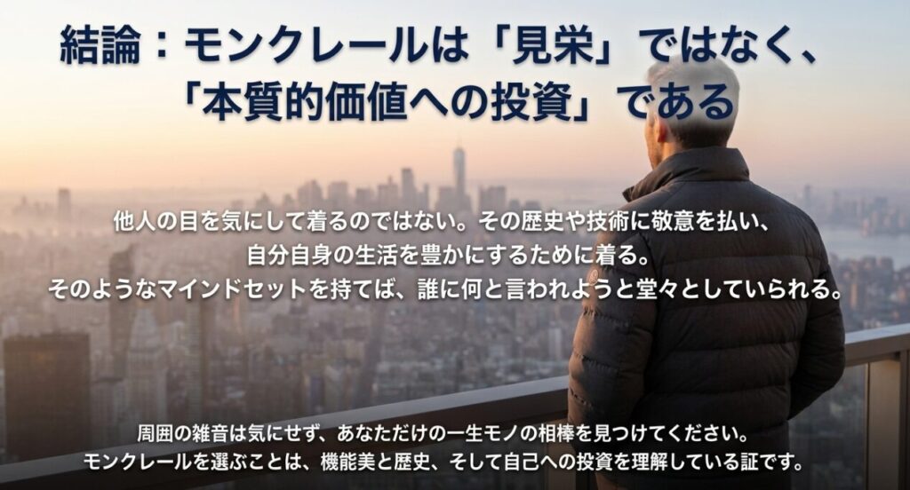 「モンクレールは見栄ではなく本質的価値への投資である」という結論と、「他人の目を気にせず、一生モノの相棒を見つけてください」というメッセージが書かれたスライド 。