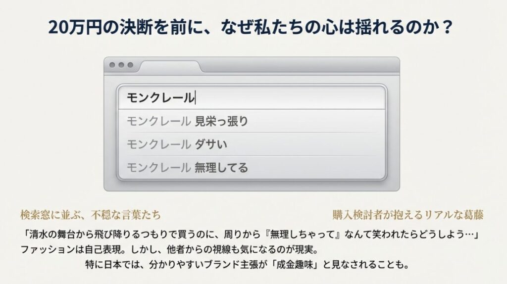 「モンクレール 見栄っ張り」「モンクレール ダサい」「モンクレール 無理してる」といったネガティブな検索予測ワードと、購入検討者の不安な心情を表した図。
