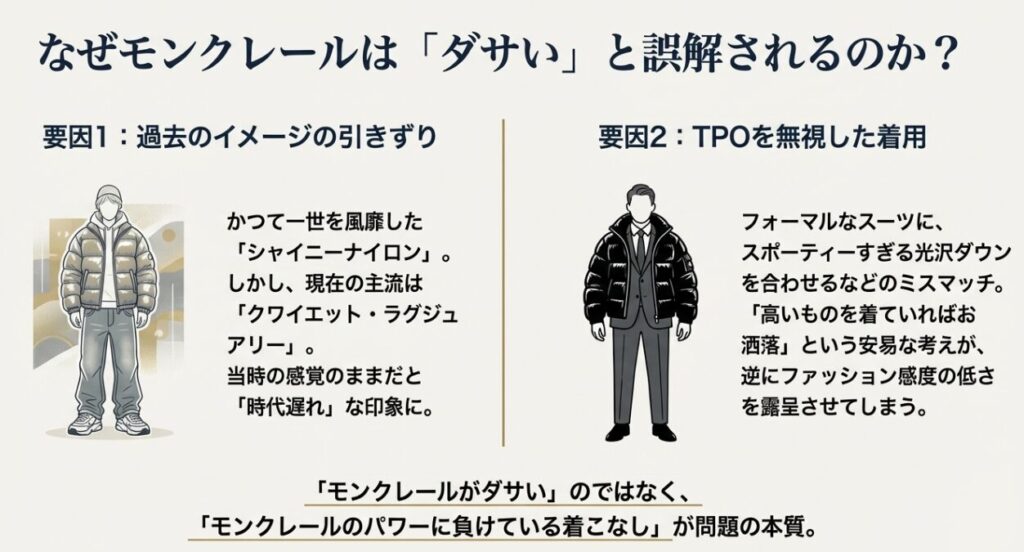 過去のシャイニーナイロンのイメージ引きずりと、フォーマルなスーツにスポーティーなダウンを合わせるTPOの不一致を図解したスライド。