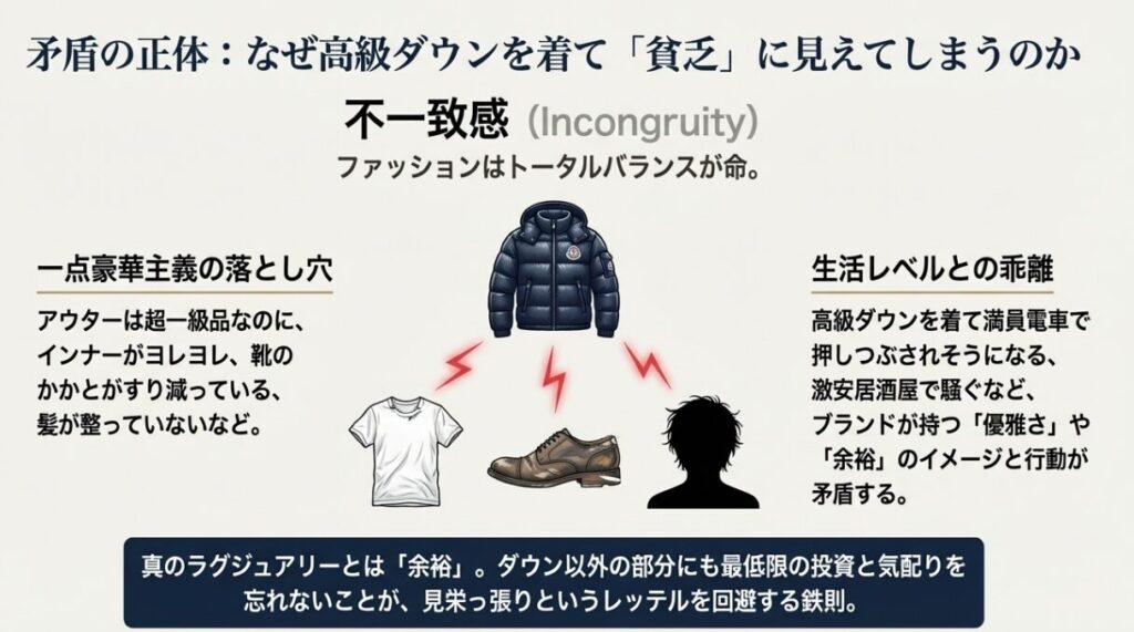 高級なモンクレールのダウンを着ているが、インナーがヨレヨレで靴が汚れている男性のイラスト。「一点豪華主義の落とし穴」として紹介されている。