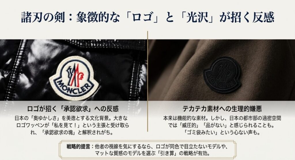 モンクレールの大きなロゴワッペンが承認欲求と捉えられることや、テカテカ素材が生理的嫌悪を招く可能性について解説したスライド。