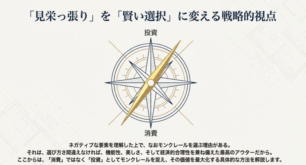 精巧なスーパーコピー羅針盤のイラスト。「消費」ではなく「投資」という視点を持つことで、賢い選択ができることを示した概念図。