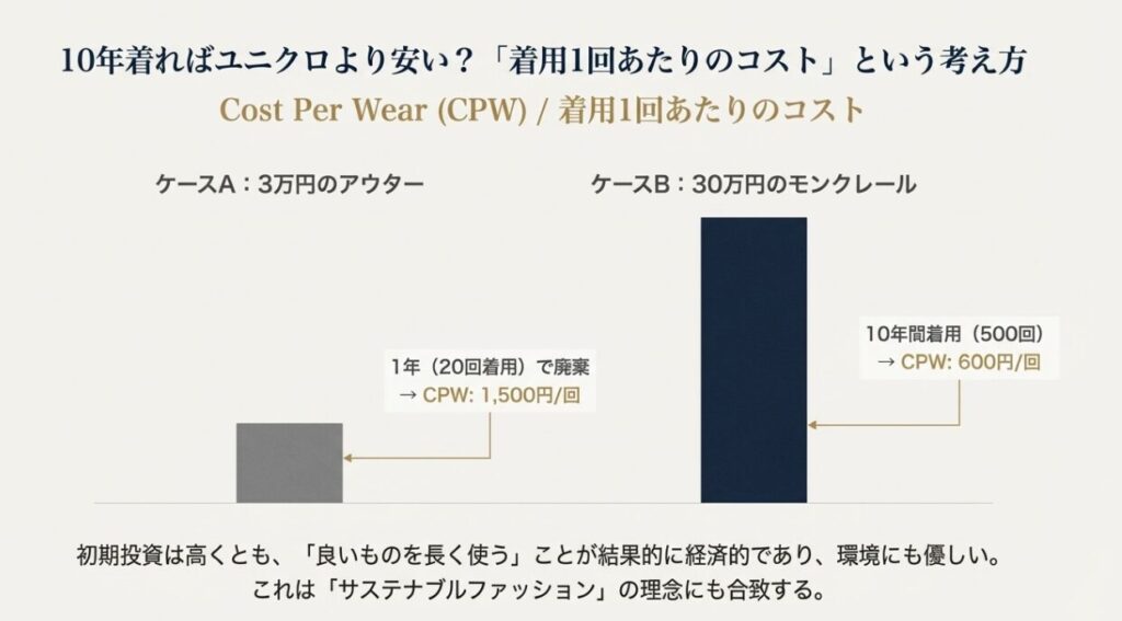 3万円のアウターを1年で廃棄する場合と、30万円のモンクレールを10年着る場合の「着用1回あたりのコスト」を比較したグラフ。