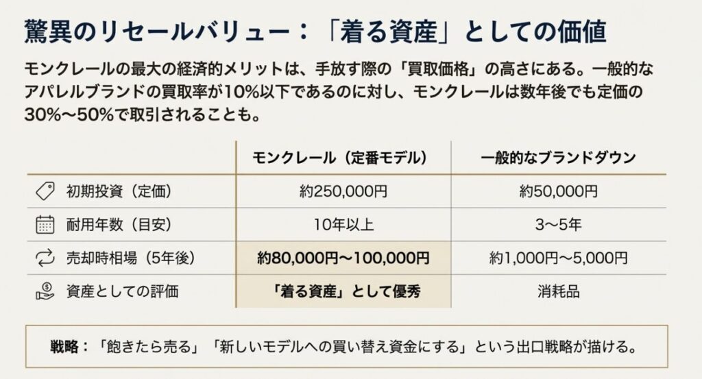 モンクレールの定番モデルと一般的なブランドダウンの初期投資、耐用年数、5年後の売却相場を比較した表。「着る資産」としての価値を強調。