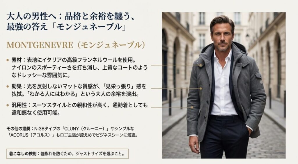 ウール素材のダウンジャケット「モンジュネーブル」をスーツに合わせて着こなす外国人男性の写真。素材の質感と汎用性を解説。