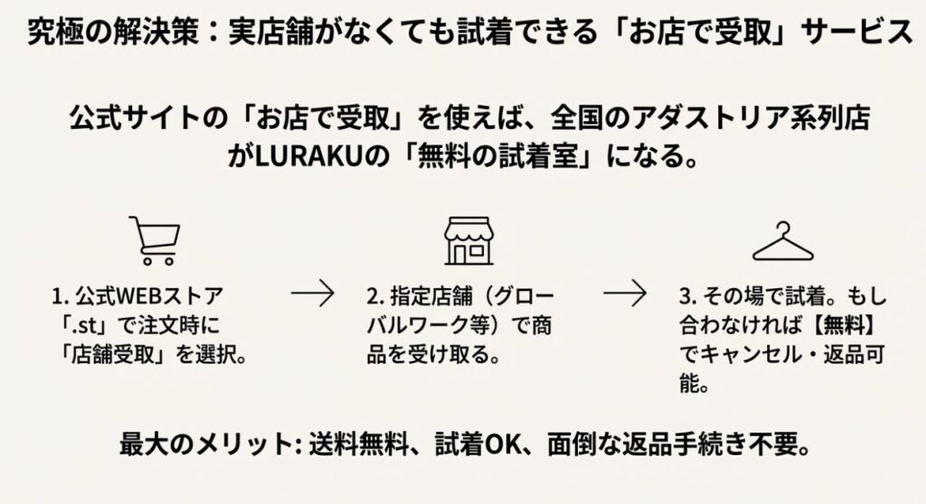 LURAKUを実店舗で試着するための「お店で受取」サービスの利用フロー