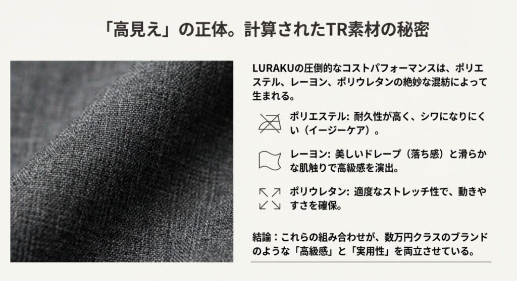 LURAKUの高見えするTR素材の拡大写真と特徴解説