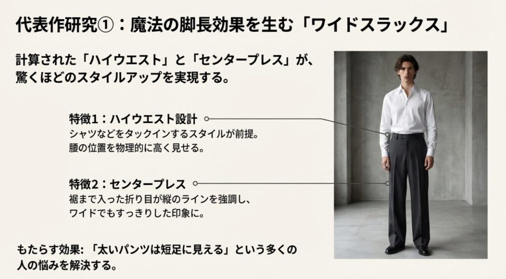 LURAKUワイドスラックスのハイウエスト設計とセンタープレスの効果