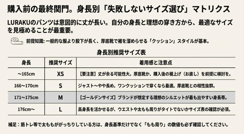 LURAKUの身長別推奨サイズマトリクスと丈感の注意点