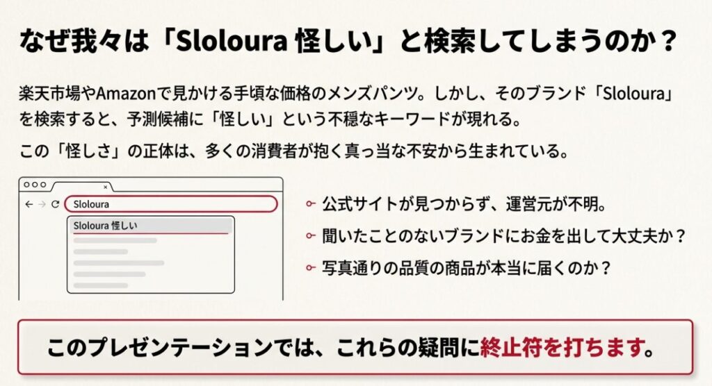 楽天市場やAmazonで見かけるSlolouraを検索すると「怪しい」というサジェストが表示される様子