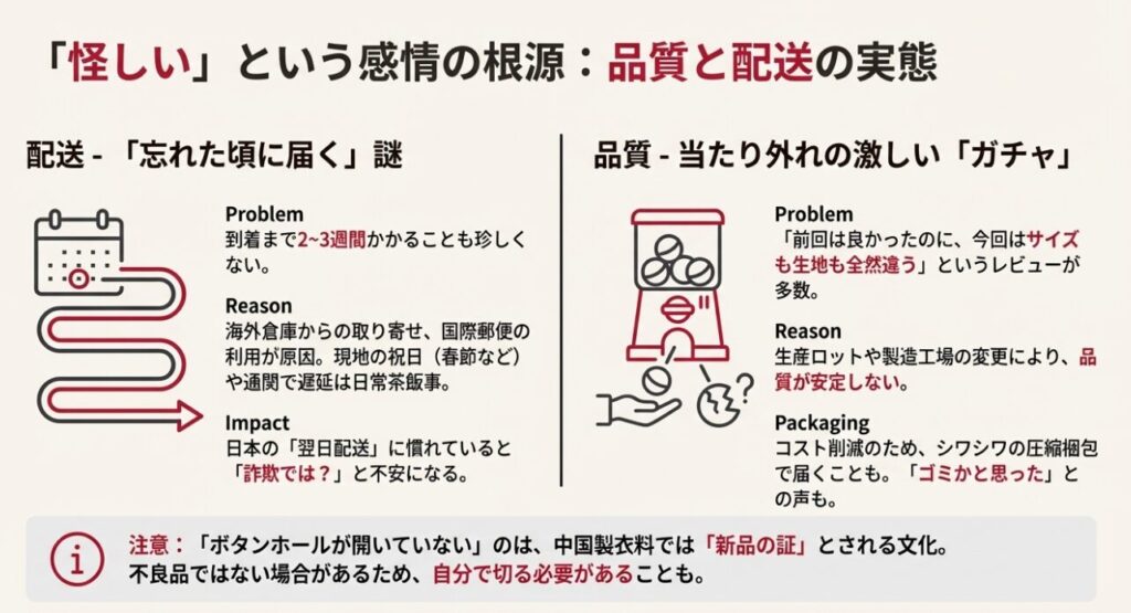 Slolouraなどの格安輸入品は配送遅延や品質のムラといったリスクがあることをガチャで表現した図