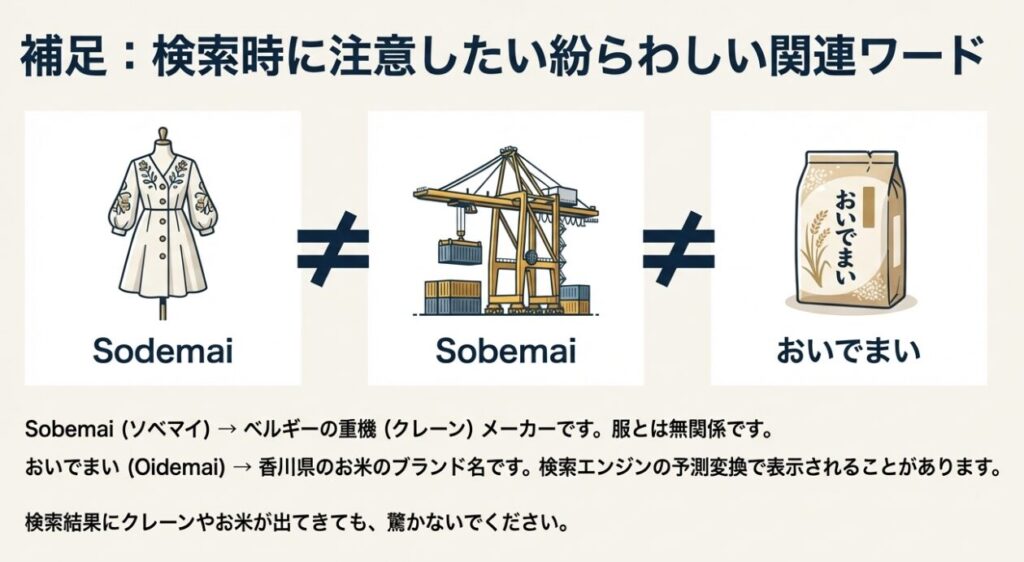 服のSodemaiと間違えやすい、重機メーカーのSobemai（ソベマイ）とブランド米のおいでまい（Oidemai）の違い