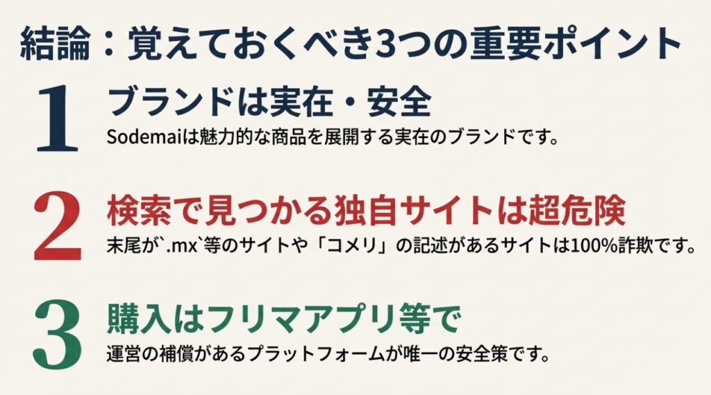 Sodemaiブランドの実在性、独自サイトの危険性、フリマアプリでの購入推奨をまとめた3つの重要ポイント