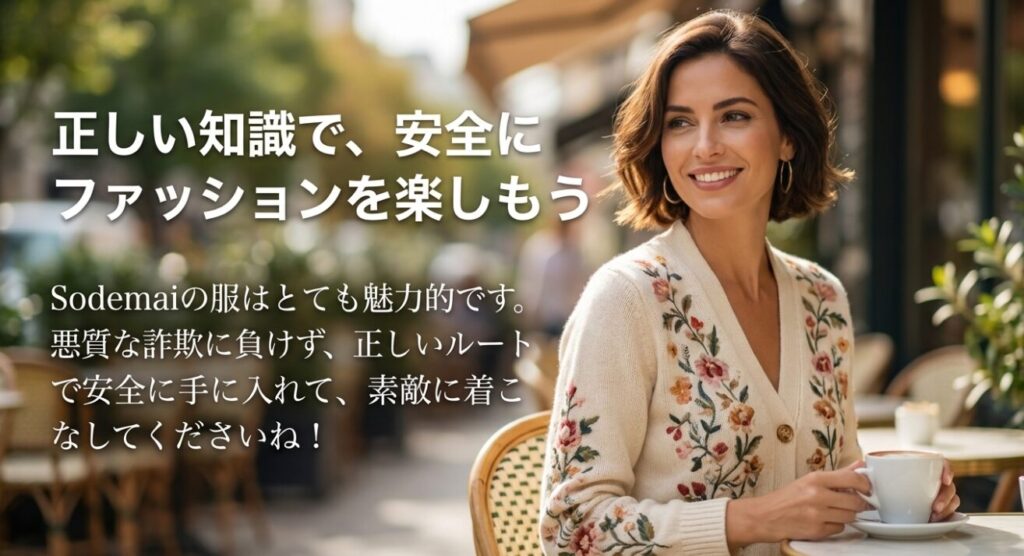 詐欺サイトに注意しつつ、正しい購入ルートでSodemaiの魅力的なファッションを楽しんでほしいというメッセージ