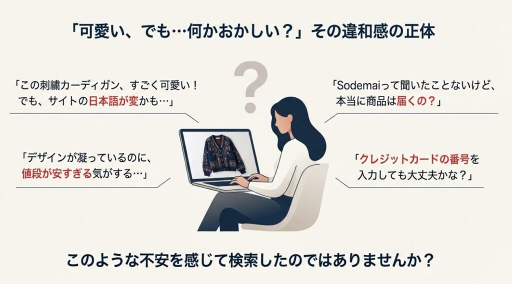 Sodemaiの通販サイトに対する「日本語が変」「安すぎる」といった利用者の不安や疑問の声