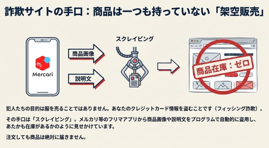 メルカリの商品画像と説明文をプログラムで盗用し、在庫があるように見せかけるスクレイピング詐欺の仕組み