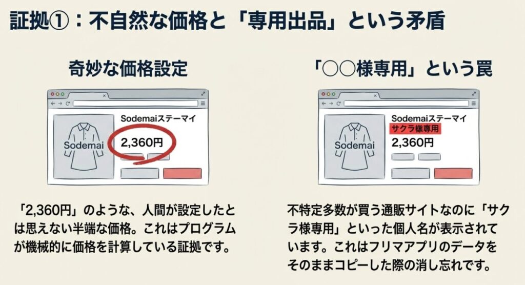 「2,360円」という半端な価格設定と、通販サイトにも関わらず「サクラ様専用」と表示される矛盾点
