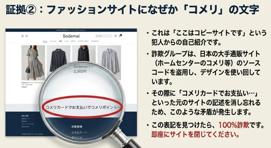 Sodemaiのファッションサイト内に、ホームセンター「コメリ」のポイントやカードに関する記述が残っている詐欺の証拠画像