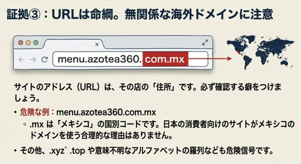 .mxなどのメキシコドメインや不審なURLの例と、サイトアドレスを確認する重要性