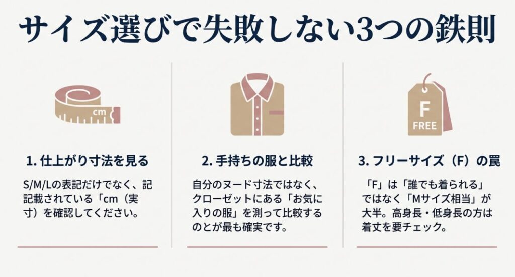 仕上がり寸法の確認や手持ちの服との比較などサイズ選びの3つの鉄則