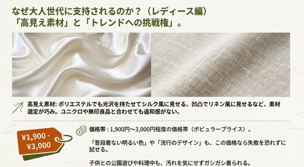 ラコレレディースの特徴：1,900円からの価格帯と高見えする素材感
