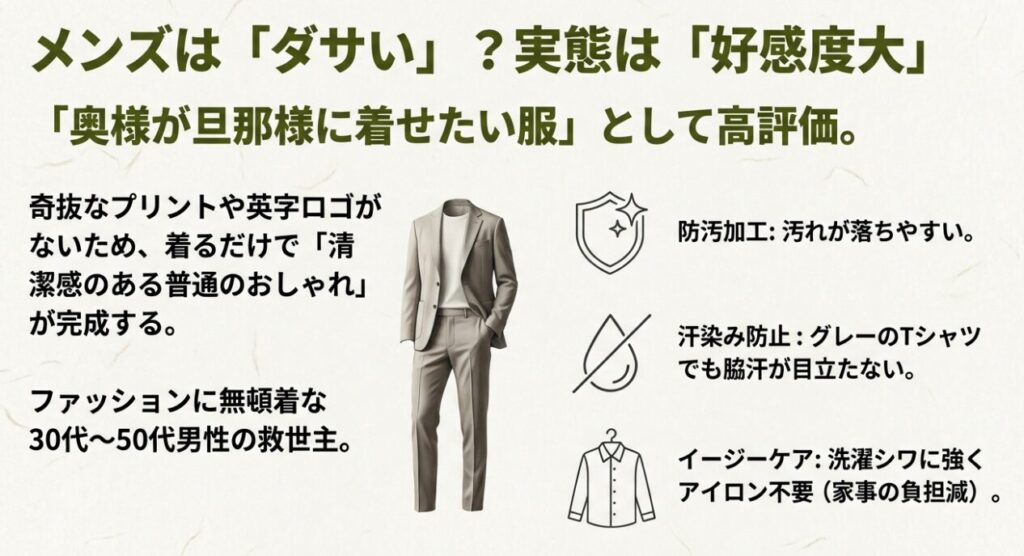 ラコレメンズの評判：清潔感のある普通のおしゃれと防汚・イージーケア機能