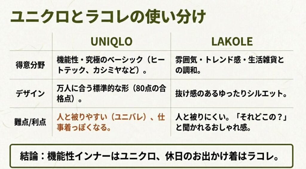 ユニクロとラコレの比較表：ベーシックなユニクロ、おしゃれなラコレ