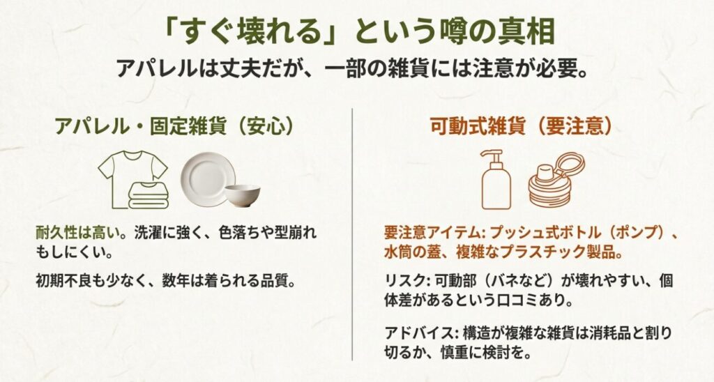 ラコレ製品の耐久性：アパレルは丈夫だが、可動式雑貨は取り扱いに注意