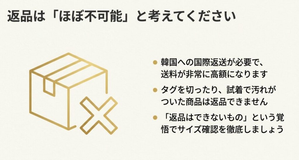 高額な国際送料や返品条件の厳しさから、返品はほぼ不可能と考えるべき理由の図解