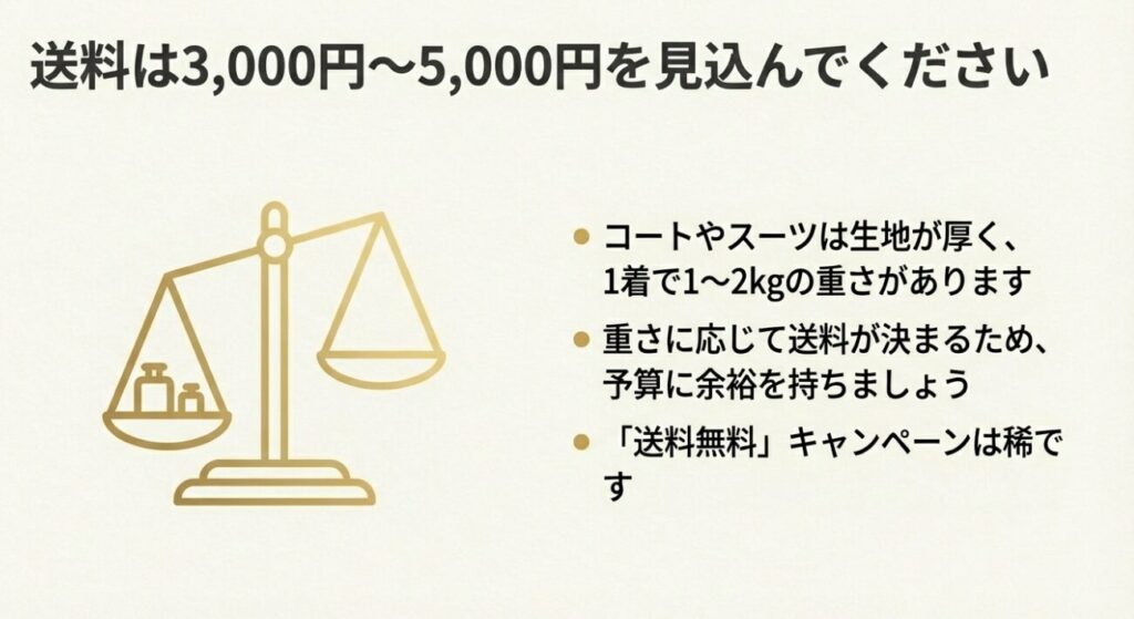 スーツやコートの重さに応じて国際送料が3,000円から5,000円程度かかることの説明