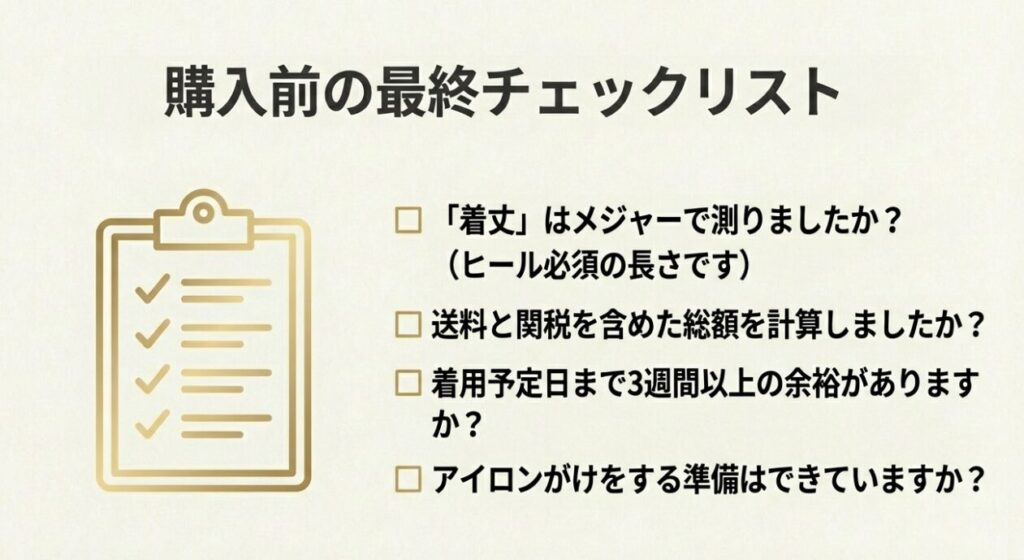 着丈、総額、納期、アイロンの準備を確認するための購入前チェックリスト