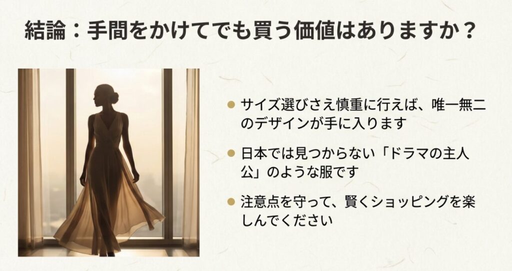 注意点を守れば唯一無二のドラマのような服が手に入るというDINT購入の結論