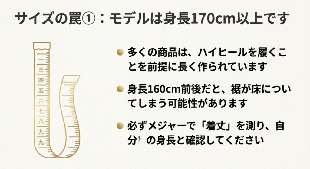 モデルが170cm以上のため、購入前に自分の身長に合わせて着丈を測るよう促すイラスト
