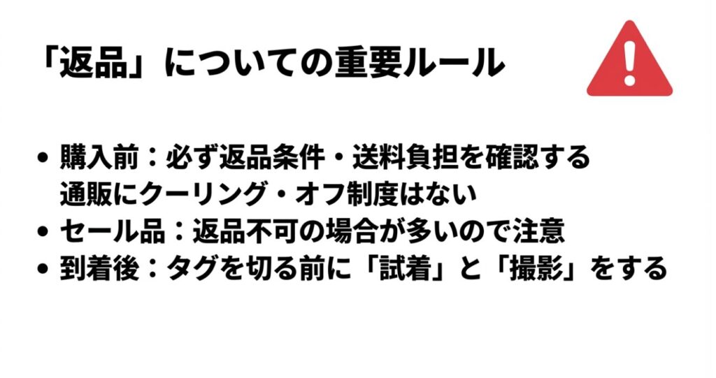セール品の返品不可やタグを切る前の試着など、返品トラブルを防ぐための注意喚起