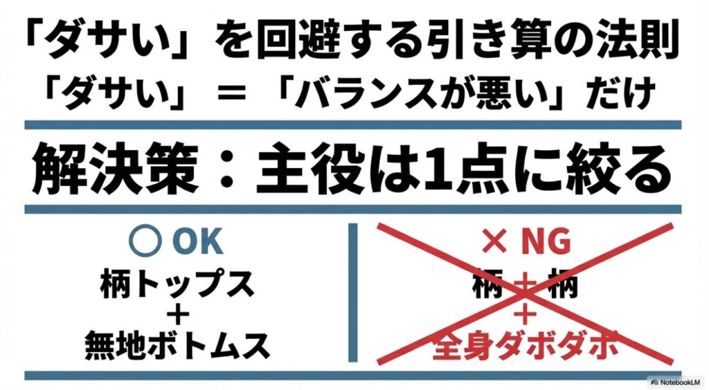 柄物トップスに無地ボトムスを合わせるOK例と、全身ダボダボなNG例の比較