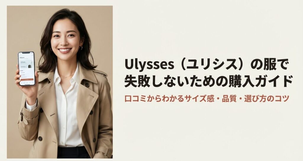 スマートフォンで服を選ぶ女性とユリシスの購入ガイドの表紙