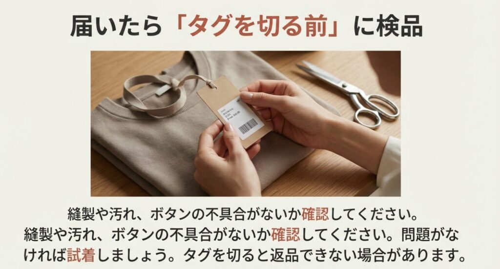 タグを切る前に縫製や汚れをチェックし試着することを促す画像